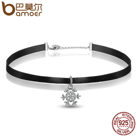 BAMOER Authentic 100% 925 Sterling Silver Snowflake Pendant Black Choker Necklace Women Fashion Jewelry SCA011+PAS042