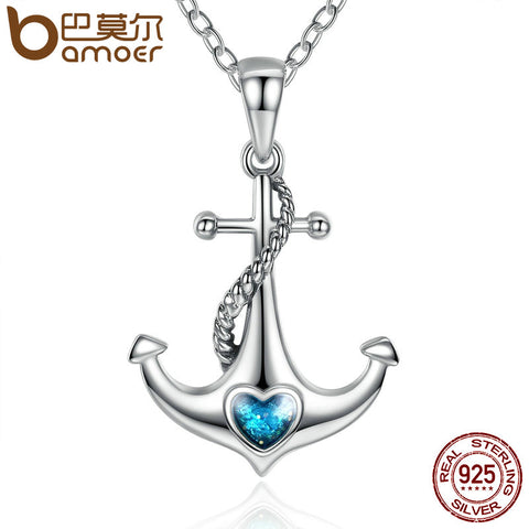 BAMOER Classic 925 Sterling Silver Blue Heart Crystal Anchor Pendant Necklaces Women Fashion Jewelry Engagement SCN051