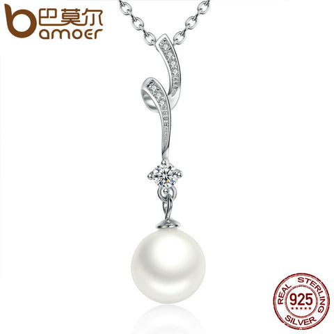 BAMOER 100% 925 Sterling Silver Shell Pearl Wave Chain Long Pendant Necklaces Wedding Jewelry Necklace Accessories SCN048