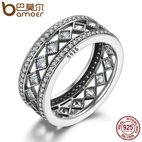 BAMOER Hot Sale 925 Sterling Silver Square Vintage Fascination, Clear CZ Big Ring For Women Luxury Fashion Jewelry S925 PA7601