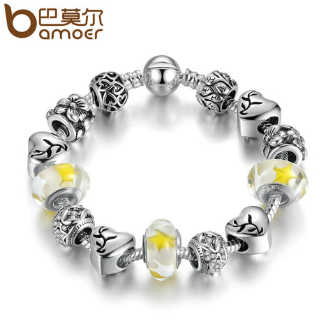 BAMOER Delicate Charm Bracelet Silver Color Yellow Glass Beads Round Snake Clasp Charms Bracelets Women DIY Jewelry PA1892