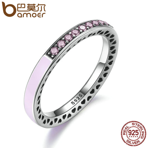 BAMOER 100% 925 Sterling Silver Radiant Hearts Light Pink Enamel & Clear CZ Finger Ring Women Mother's Day Jewelry PA7603