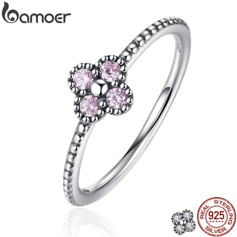 BAMOER 2 Color 100% 925 Sterling Silver Pink & White Clear CZ Romantic Clover Ring Women Fashion Jewelry PA7197